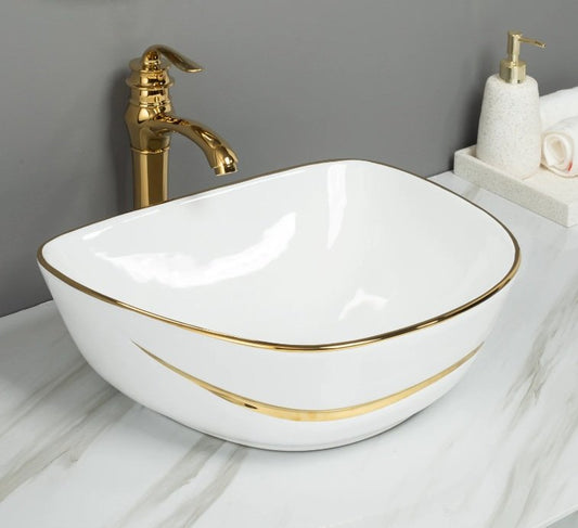 Gold-Trim Ceramic Luxury Countertop Basin