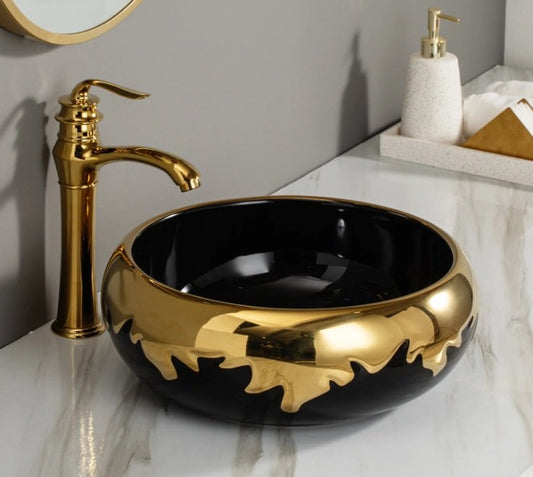 Modern Ceramic Bathroom Sink – Round Hand Wash Basin in Black & Gold