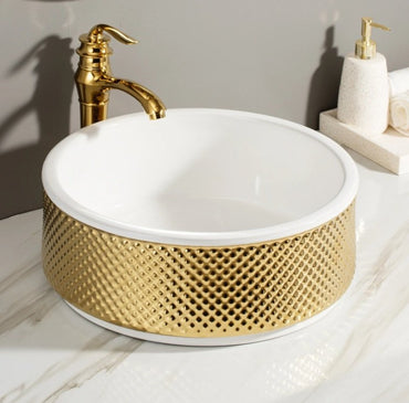 Gold Embossed Ceramic Basin – Round Luxury Design