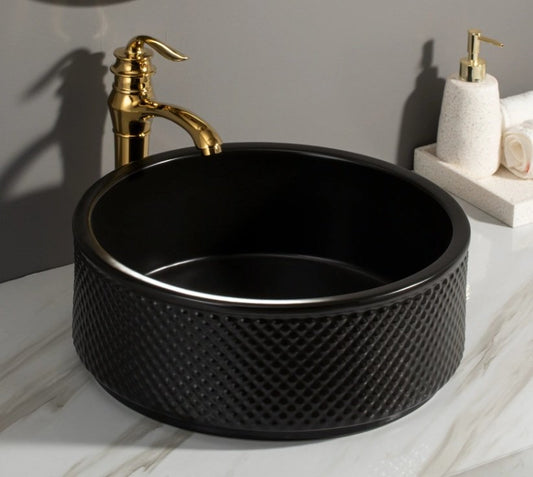 Black Embossed Ceramic Basin – Modern Textured Round Sink