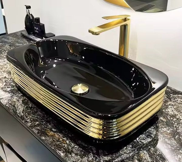 Black & Gold Glossy Finish Ceramic Table Top Designer Washbasin