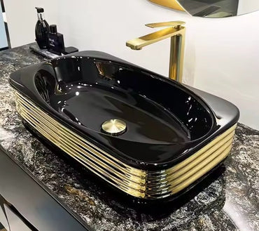 Black & Gold Glossy Finish Ceramic Table Top Designer Washbasin