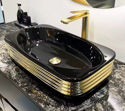 Black & Gold Glossy Finish Ceramic Table Top Designer Washbasin