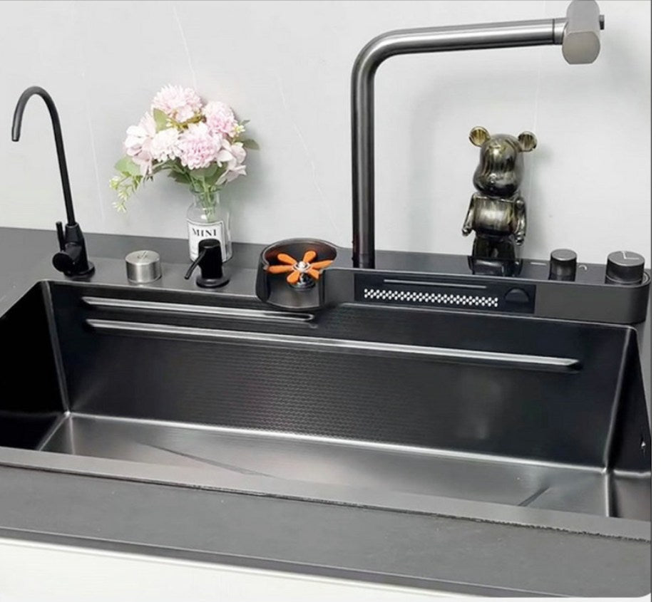 Integrated Waterfall Kitchen Sink Digitial Display Stainless Steel Water Filter & Cup Washer