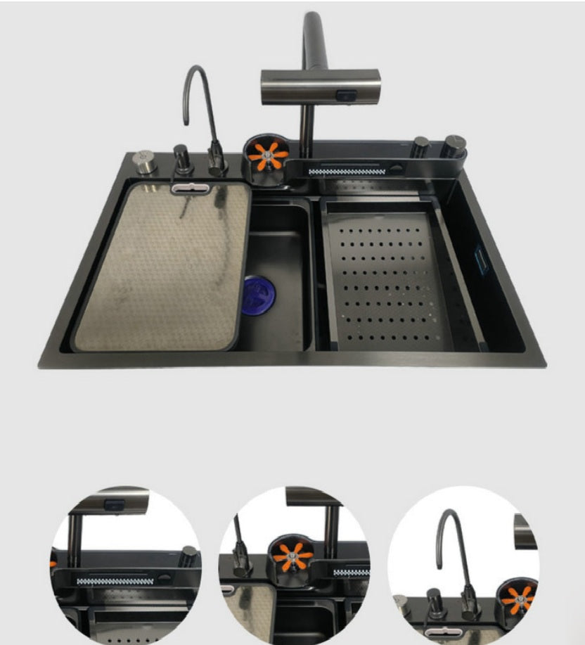 Integrated Waterfall Kitchen Sink Digitial Display Stainless Steel Water Filter & Cup Washer