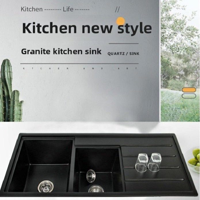 Granite Quartz Stone Kitchen Sink Double Bowl with Double Drain With Watermark