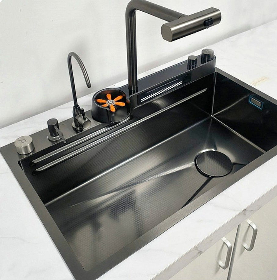 Integrated Waterfall Kitchen Sink Digitial Display Stainless Steel Water Filter & Cup Washer