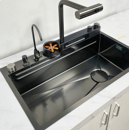 Integrated Waterfall Kitchen Sink Digitial Display Stainless Steel Water Filter & Cup Washer