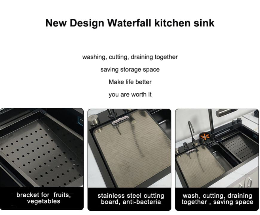 Integrated Waterfall Kitchen Sink Digitial Display Stainless Steel Water Filter & Cup Washer