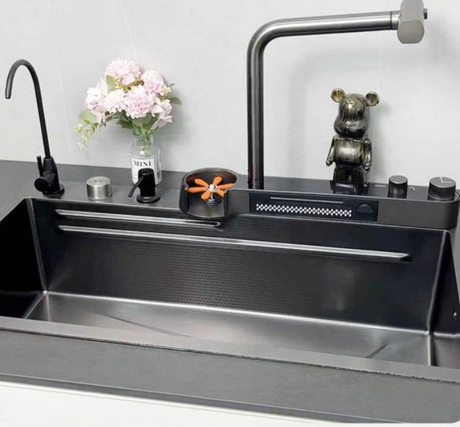 Integrated Waterfall Kitchen Sink Digitial Display Stainless Steel Water Filter & Cup Washer