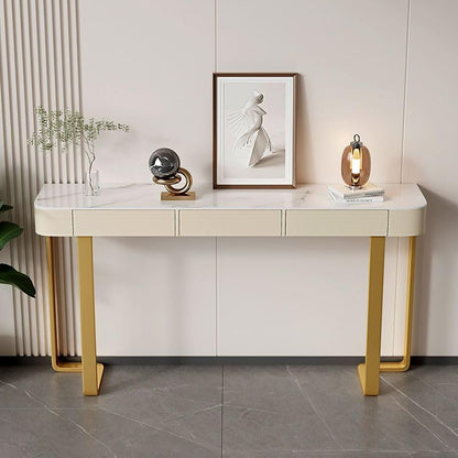 Interiors Modern Console Table with White Stone Top, Double Pedestal Metal Base, and Storage Drawers