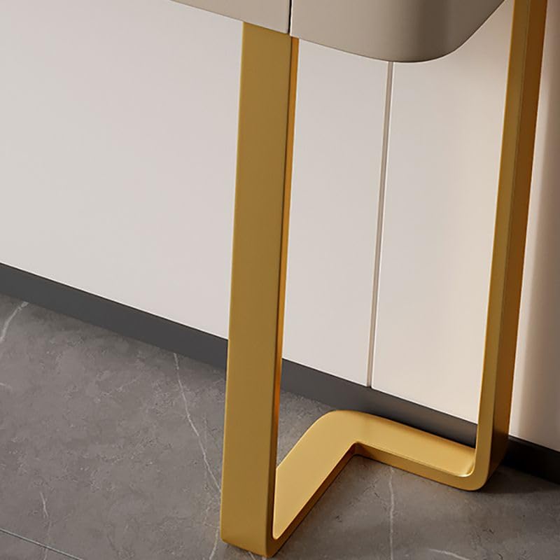 Interiors Modern Console Table with White Stone Top, Double Pedestal Metal Base, and Storage Drawers