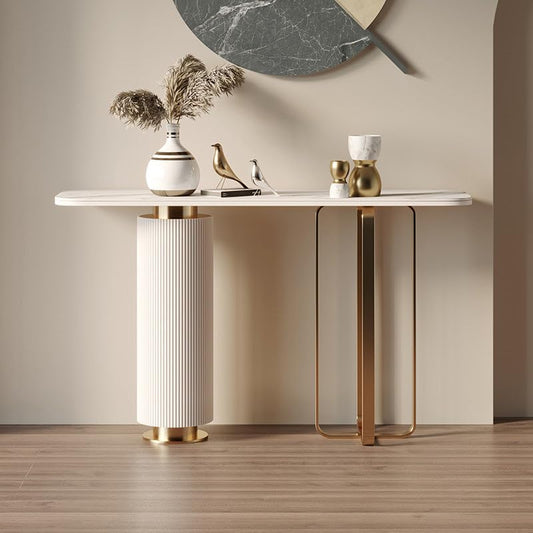 Mid-Century Modern Console Table with Marble Top – Rectangular Metal Frame for Entryway or Living Room