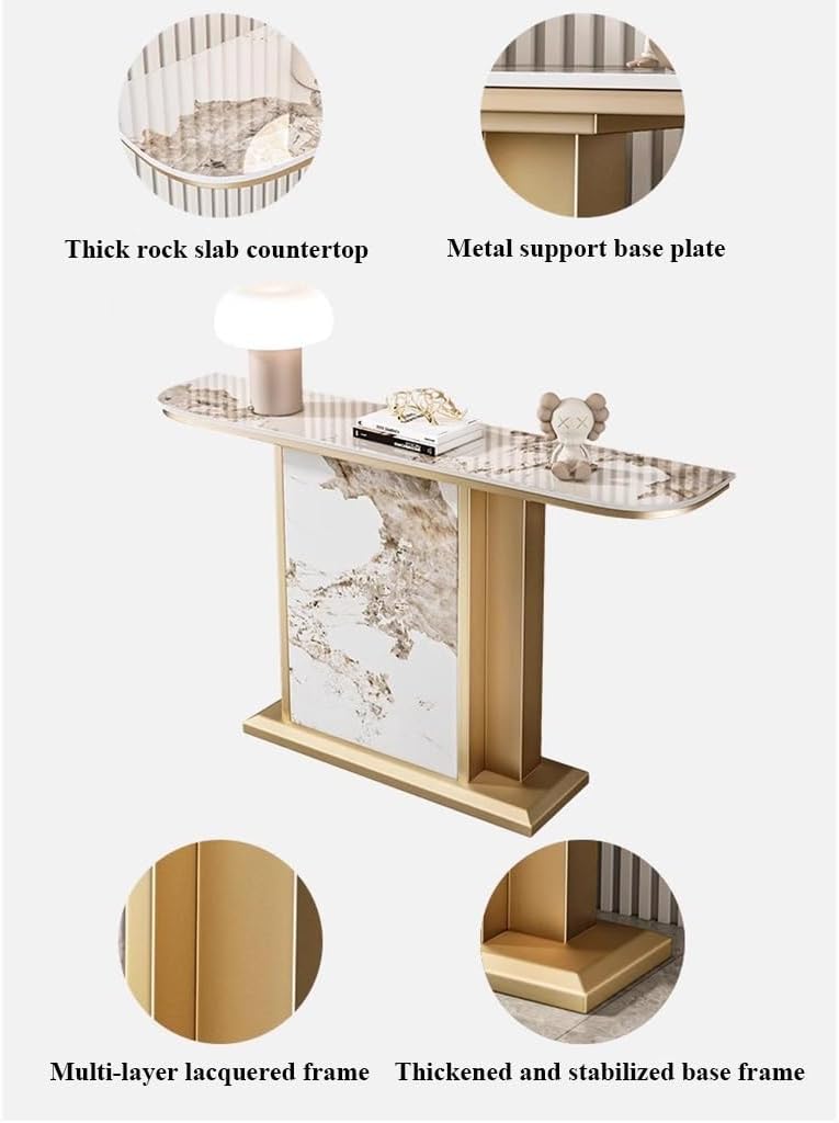 Vandana Interiors Chic Rectangular Console Table with Stone Top and Metal Base – Elegant Accent for Entryway or Living Room