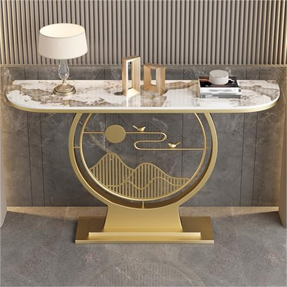 Modern Console Table with Faux Marble Top and Circle Metal Legs – Entryway or Hallway Accent Table