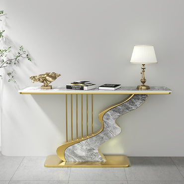 Modern Gray Console Table with Geometric Metal Base – Entryway Accent Table for Foyer, Hallway, or Living Room