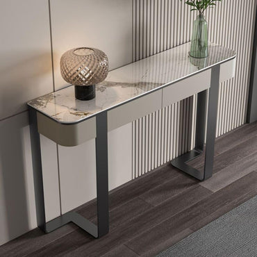 Interiors Modern Console Table with White Stone Top, Double Pedestal Metal Base, and Storage Drawers