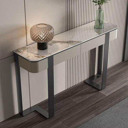 Interiors Modern Console Table with White Stone Top, Double Pedestal Metal Base, and Storage Drawers