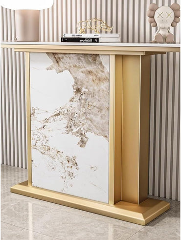 Vandana Interiors Chic Rectangular Console Table with Stone Top and Metal Base – Elegant Accent for Entryway or Living Room