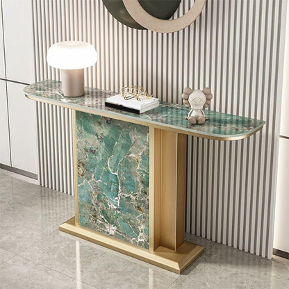 Vandana Interiors Chic Rectangular Console Table with Stone Top and Metal Base – Elegant Accent for Entryway or Living Room