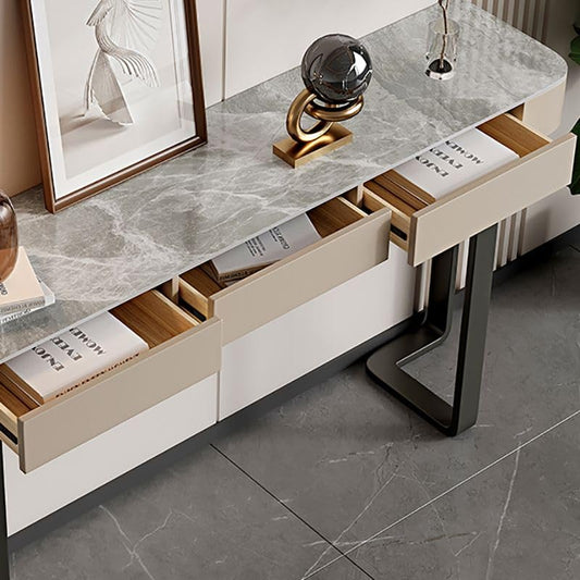 Interiors Modern Console Table with White Stone Top, Double Pedestal Metal Base, and Storage Drawers