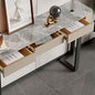 Interiors Modern Console Table with White Stone Top, Double Pedestal Metal Base, and Storage Drawers