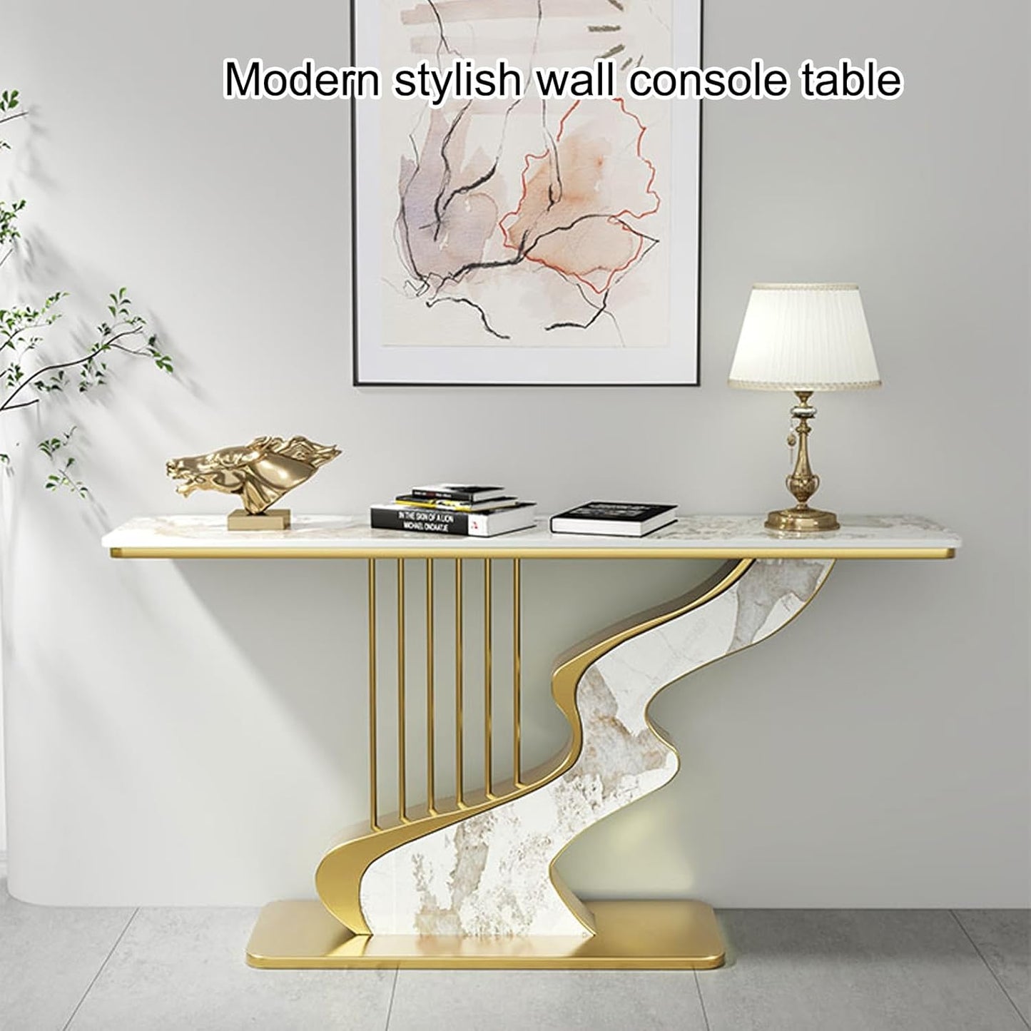 Modern Gray Console Table with Geometric Metal Base – Entryway Accent Table for Foyer, Hallway, or Living Room