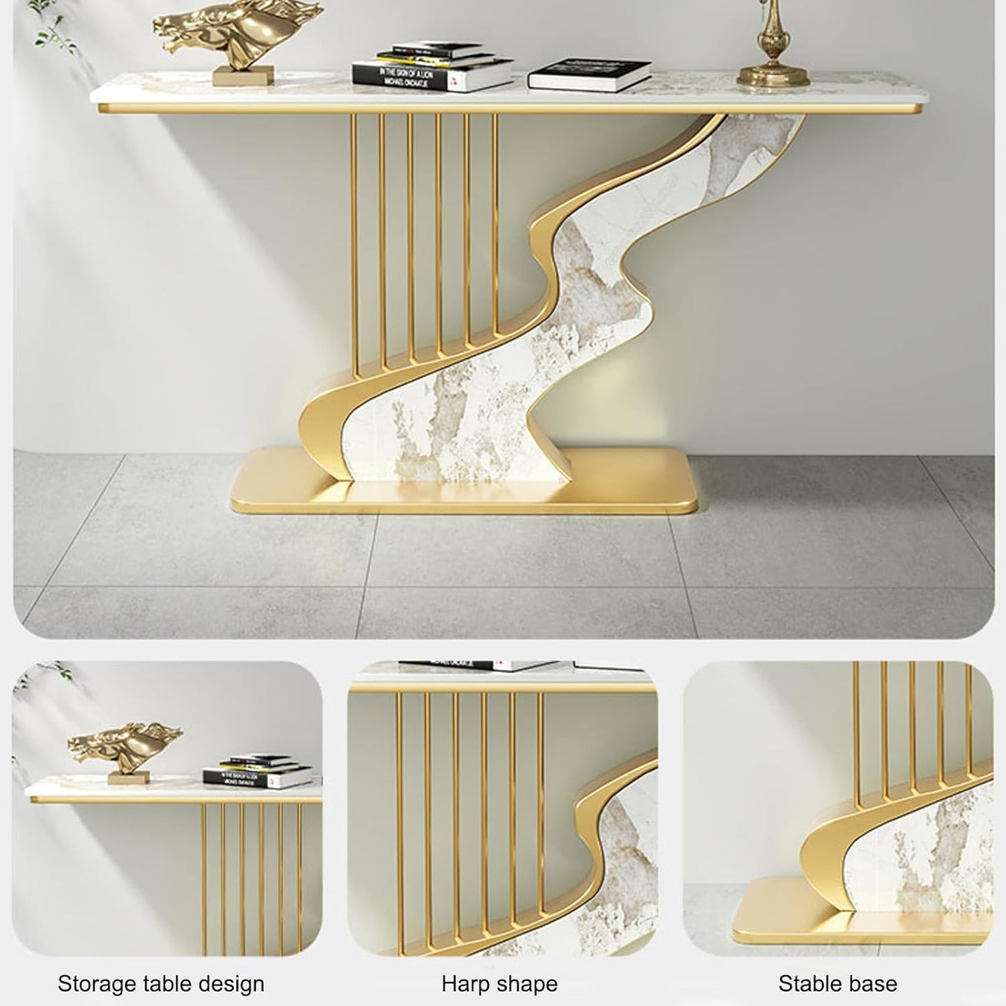 Modern Gray Console Table with Geometric Metal Base – Entryway Accent Table for Foyer, Hallway, or Living Room