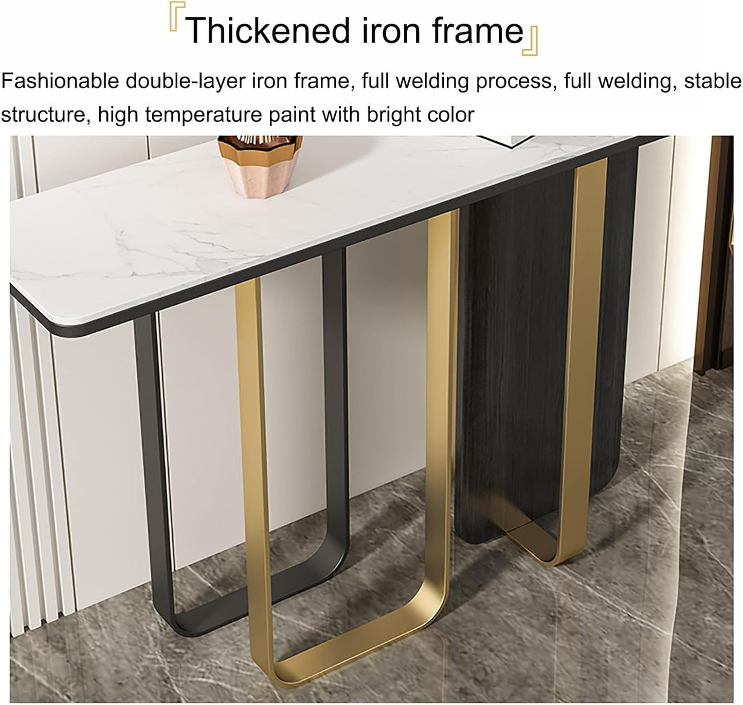 Narrow Metal Frame Console Table with Durable Stone Top – Perfect for Hallway, Living Room, or Bedroom
