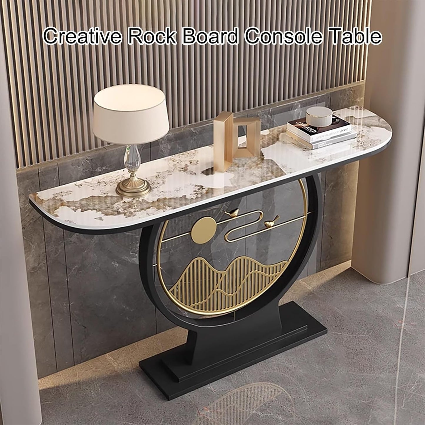 Modern Console Table with Faux Marble Top and Circle Metal Legs – Entryway or Hallway Accent Table