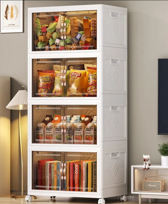 Foldable Plastic Storage Box 4 Tier With Wheels and Doors