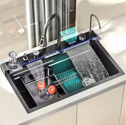 Kitchen Sink Single Bowl, with Pull-Out Faucet, Pressurized Cup Washer, 5 Modes, Dual Control