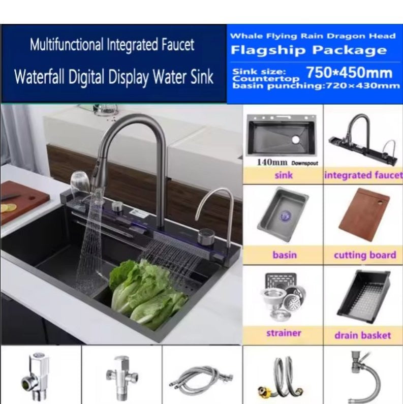 Kitchen Sink Single Bowl, with Pull-Out Faucet, Pressurized Cup Washer, 5 Modes, Dual Control