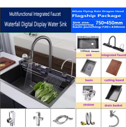 Kitchen Sink Single Bowl, with Pull-Out Faucet, Pressurized Cup Washer, 5 Modes, Dual Control