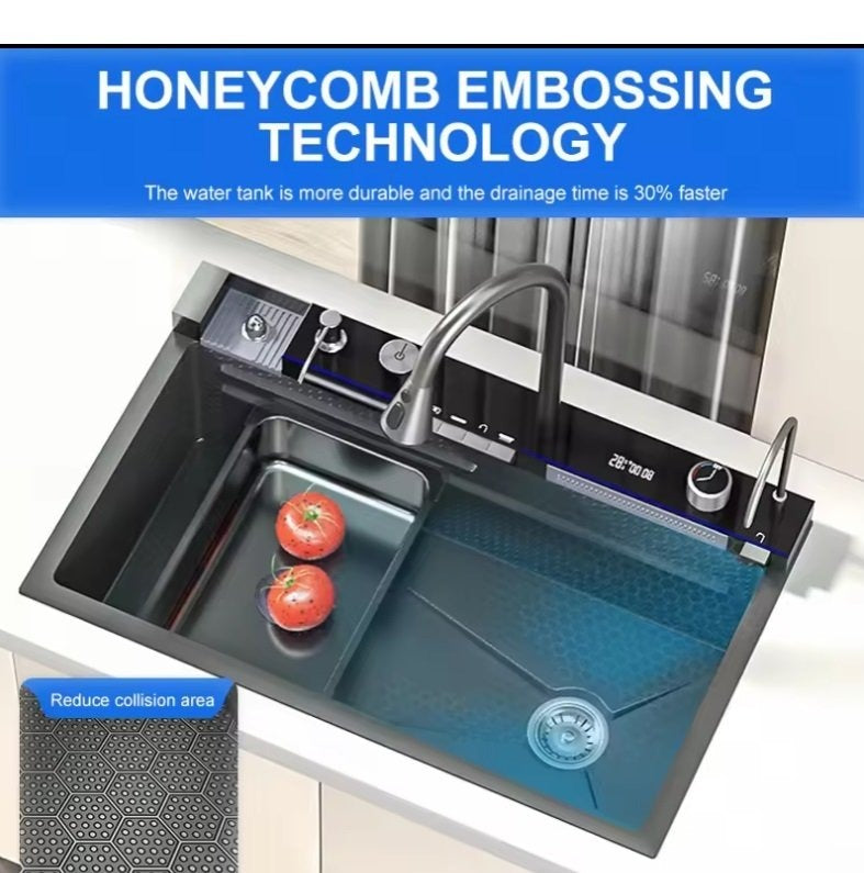 Kitchen Sink Single Bowl, with Pull-Out Faucet, Pressurized Cup Washer, 5 Modes, Dual Control