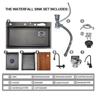 Kitchen Sink Single Bowl, with Pull-Out Faucet, Pressurized Cup Washer, 5 Modes, Dual Control