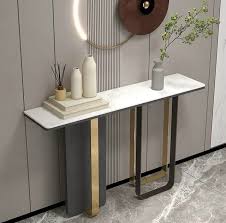 Narrow Metal Frame Console Table with Durable Stone Top – Perfect for Hallway, Living Room, or Bedroom